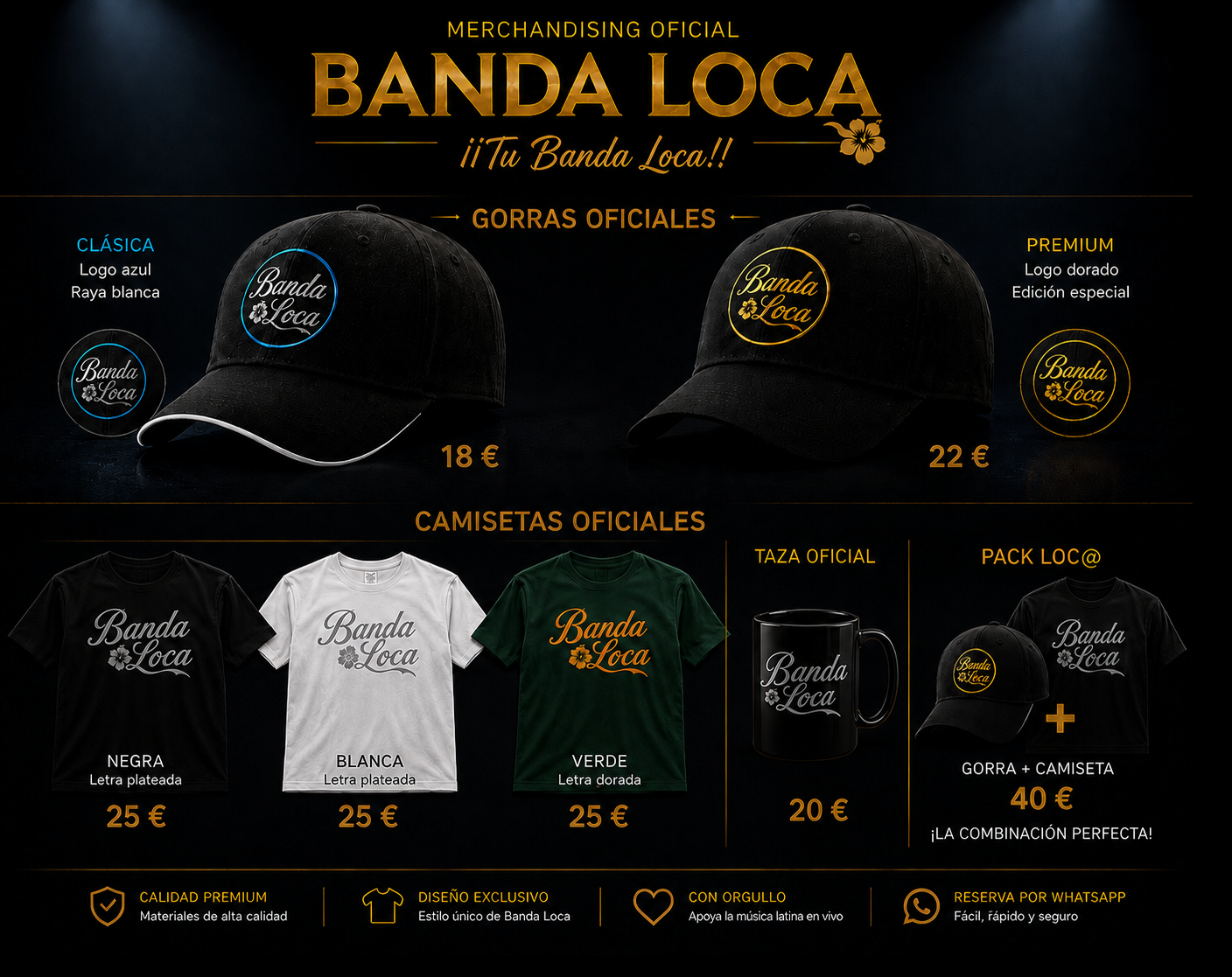 Colección oficial de Banda Loca con gorras clásica y premium, y camisetas negra, blanca y verde mostradas únicamente por el frontal